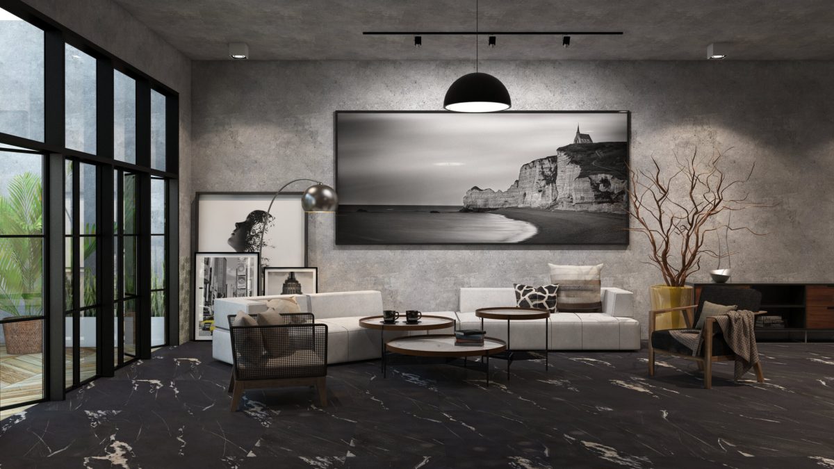 Gạch Mờ Nhám Nhẹ Vân Đá Marble Áo Nền Đen Vân Trắng Pannoia Black 30x60, 60x60, 60x120 - Ảnh 4