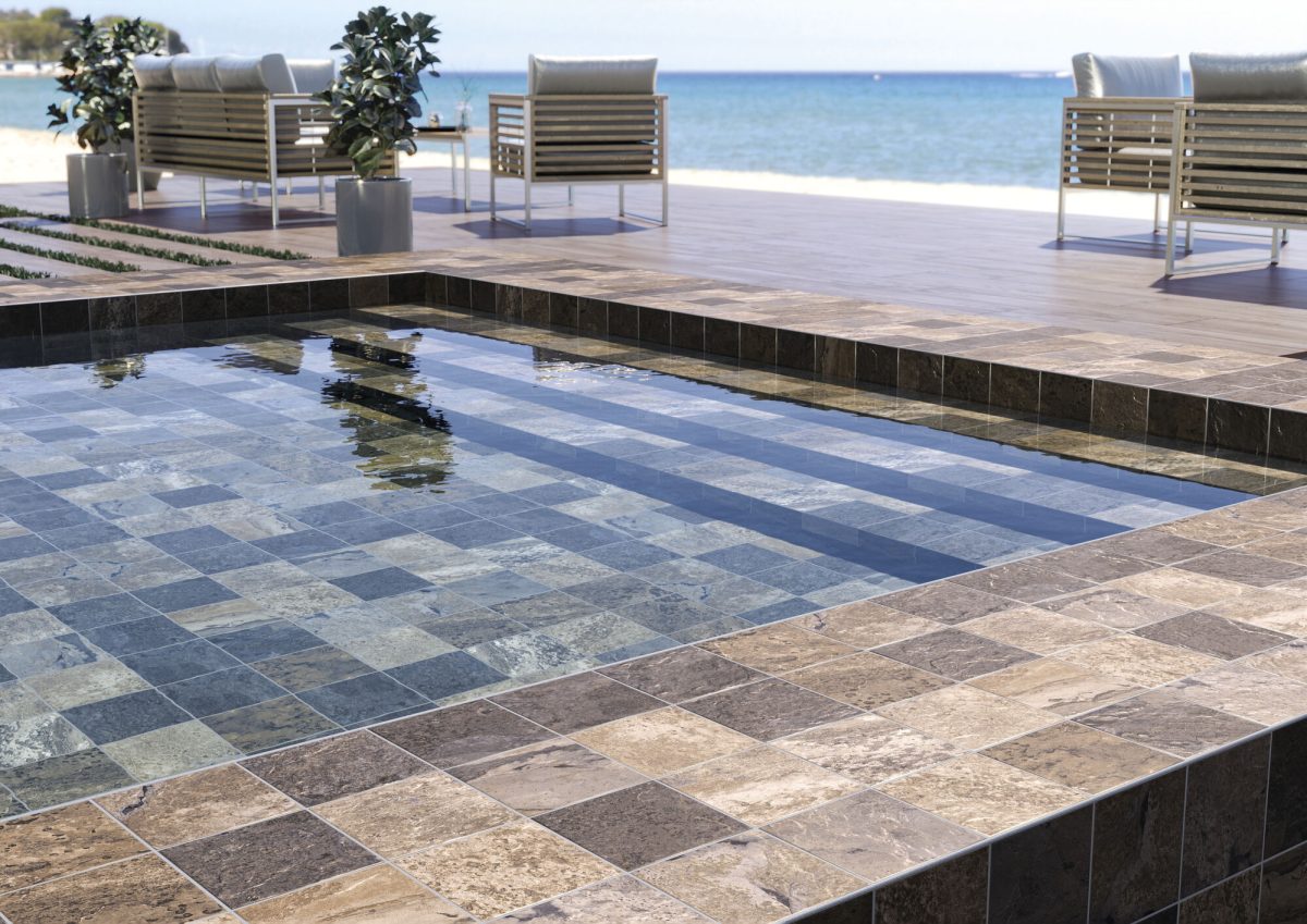 Bộ Gạch Hồ Bơi Xương Đá Tây Ban Nha Mặt Bóng Vân Đá Aquamarine Xanh Biển 15x15cm Và Mặt Nhám Vân Đá Phiến Bali 15x15cm 30x60cm - Ảnh 3