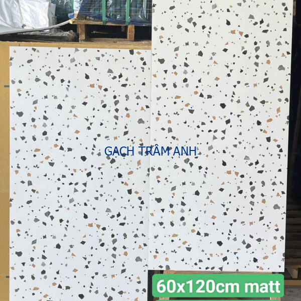 Gạch mờ vân đá mài nhập khẩu 60x120cm nền trắng ngà hạt chip đá cẩm thạch nâu cam, xám, đen | Hàng sẵn kho miền Nam
